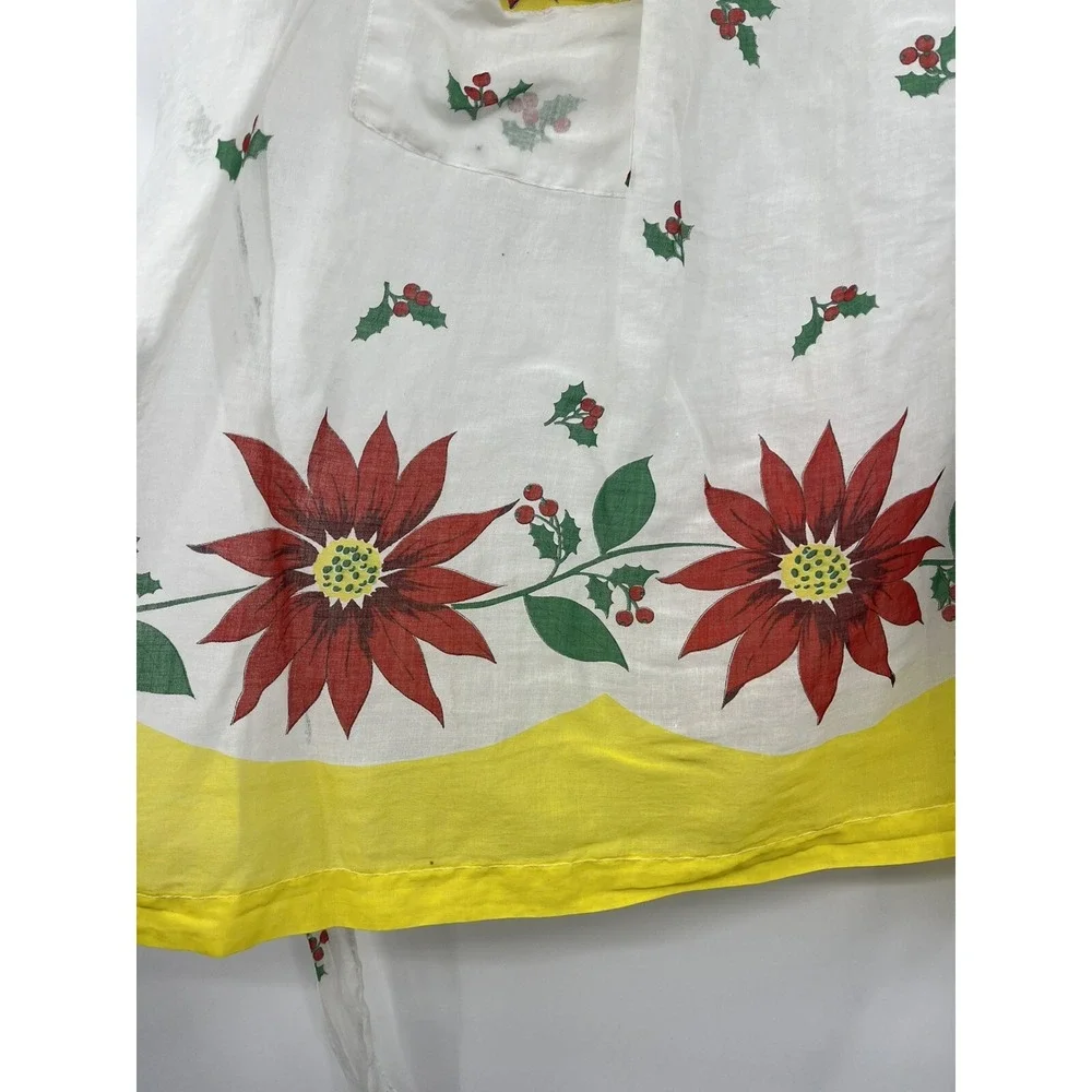 Vintage Christmas Hostess Apron Poinsettias Holly Berries Yellow Trim